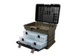 Portable plastic container with opening lid and additional sliding compartments. Fishing or hunting box. Isolate on a white back