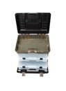 Portable plastic container with opening lid and additional sliding compartments. Fishing or hunting box. Isolate on a white back