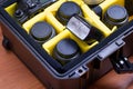 Portable professional photographic equipment, protected in a high resistance suitcase. Royalty Free Stock Photo