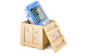 Portable Pulse Oximetry inside wooden box, delivery concept. 3D rendering