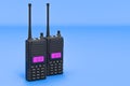Portable radios walkie-talkie on blue backdrop, 3D rendering