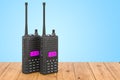 Portable radios walkie-talkie on the wooden planks, 3D rendering