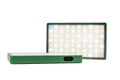 Portable rechargeable RGB LED panel for illumination during video shooting. Two lamps isolated on a white background