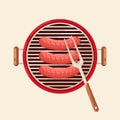 Portable round barbecue with grill hot sausage isolated on background. BBQ device for picnic, family party. Bratwurst. Barbeque