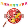 Portable round barbecue with grill sausage, beef steak, fried meat vegetables isolated on background. BBQ device for picnic, Royalty Free Stock Photo