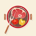 Portable round barbecue with grill sausage, beef steak, fried meat vegetables isolated on background. BBQ device for picnic, Royalty Free Stock Photo