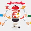 Portable round barbecue with grill sausage, beef steak, ribs, fried chicken meat vegetables isolated on background. BBQ picnic,