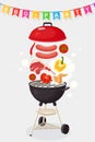 Portable round barbecue with grill sausage, beef steak, ribs, fried meat vegetables isolated on background. BBQ device for picnic Royalty Free Stock Photo