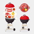Portable round barbecue with grill sausage, beef steak, ribs, fried meat vegetables isolated on background. BBQ device for picnic Royalty Free Stock Photo