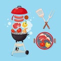 Portable round barbecue with grill sausage, beef steak, ribs, fried meat vegetables isolated on background. BBQ picnic, family Royalty Free Stock Photo