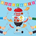 Portable round barbecue with grill sausage, beef steak, ribs, fried meat vegetables isolated on background. Hand hold fork. BBQ Royalty Free Stock Photo