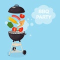 Portable round barbecue with grill sausage, fried chicken wings, corn, tomatoes. Meat vegetables isolated on background. BBQ