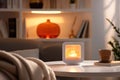 Portable, small electric heater with glowing filament providing warmth in a minimalistic modern living room, enhancing comfort and