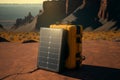 A portable solar panel against the backdrop of nature. Compact charging station AI generation