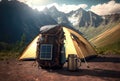 Portable solar panel on backpack by tent. Alps, mountain valley, on a hiking trail. AI generative, AI generated illustration