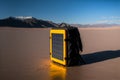 portable solar panel on backpacking tourism. Portable solar panels lie on an wood and accumulate energy. AI generation