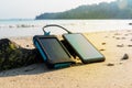 Portable solar panel is on the beach