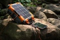 portable solar panel charger and gadgets on a rock