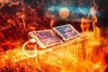 Portable solar panel charges the battery of a powerbank on fire background. Royalty Free Stock Photo