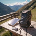 Portable Solar Panel Charging Mobile Device on Rustic Table, Backpack, Stunning Mountain View, AI Generative