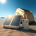 Portable solar panel next to camping tent on the beach, seaside. AI generative, AI generated illustration