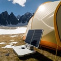 Portable solar panel next to camping tent in mountain valley. AI generative, AI generated illustration