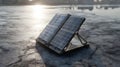 Portable solar panel setup generating clean energy outdoors with sun flare Royalty Free Stock Photo