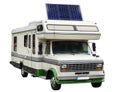 The solar panel is mounted on a caravan. On a white background.