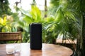 portable speaker in an out-of-office setting, with a focus on the greenery behind