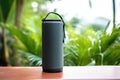 portable speaker in an out-of-office setting, with a focus on the greenery behind