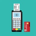 Portable terminal for contactless payment, a cash receipt template and plastic Bank card. Vector illustration.