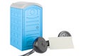 Portable toilets with blank business card and retro phone receiver. 3D rendering