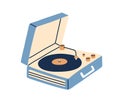 Portable turntable with vinyl playing. Retro music record player in suitcase of 50s. Old gramophone with analog grooved