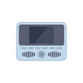 Portable video recorder displaying black screen with buttons and speakers