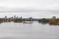 Portage Bridge between Ottawa, Ontario and Gatineau in Canada from Major\'s Hill Park in autumn Royalty Free Stock Photo