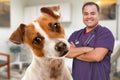 An Adorable Jack Russell Terrier In Office With Male Hispanic Veterinarian Behind