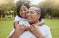 Portait, children and piggyback with a mother and daughter in a park together on a sunny summer day. Happy, face and