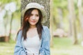 Asian teen girl casual summer in the park outdoor day dreaming Royalty Free Stock Photo