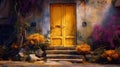 Portal of Colors: A Stone Door Amidst Vibrant Flora