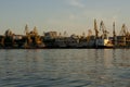 Portal cranes in the evening port in Odessa, Black Sea.