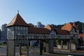 Portal of the germanic village, half-timbered style, heritage of the germanic culture