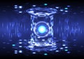 Portal and hologram science futuristic technology. Sci-fi digital hi-tech in glowing HUD projector. Magic gate in game fantasy.