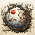 a portal made of wooden branches in a circle, with fruit hanging down Royalty Free Stock Photo