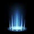 Portal magic. Realistic light effect with blue beam and glowing particles. 3D futuristic teleport funnel. Isolated