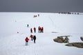 A few small red flags are placed on the thick ice field to guide visitors. Royalty Free Stock Photo