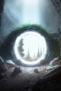 a portal to another world in an empty forest cave with a circle of light coming out of the doorway and a tree in it