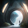 Portal to far universe. Astronaut space exploration, gateway to another world, science fiction concept. Generative AI