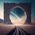 Portal to far universe. Astronaut space exploration, gateway to another world, science fiction concept. Generative AI