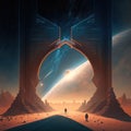 Portal to far universe. Astronaut space exploration, gateway to another world, science fiction concept. Generative AI