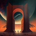 Portal to far universe. Astronaut space exploration, gateway to another world, science fiction concept. Generative AI